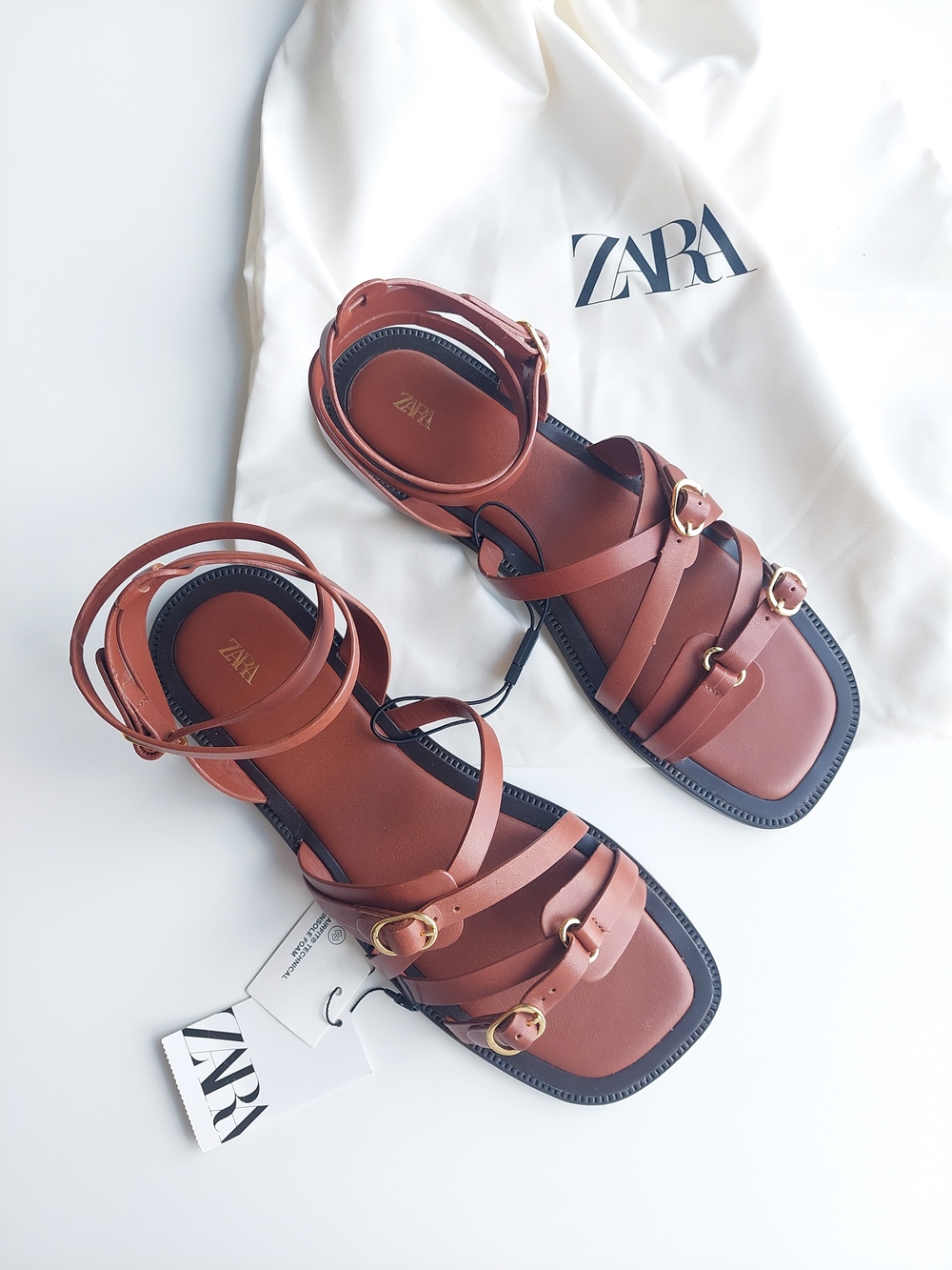NWT ZARA Leather Sandals US 10 Brown Strappy Flat Trendy Women's Gladiator Shoes